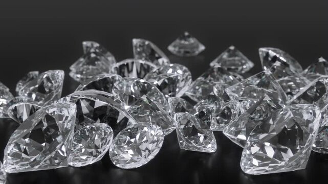 Close up view diamonds falling down on black table in dark scene. Animated 3d rendering of gemstones on black background isolated