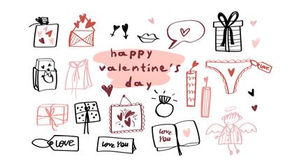 Hearts and design elements for Valentine's Day. Big set of clip art with love elements. Vector hand-drawn childlike doodle icon set. Pink stroke on transparent background.