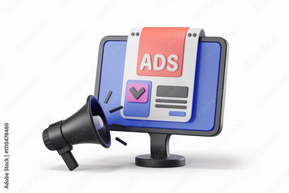 Poster Announcing online ads with a megaphone on a computer screen.