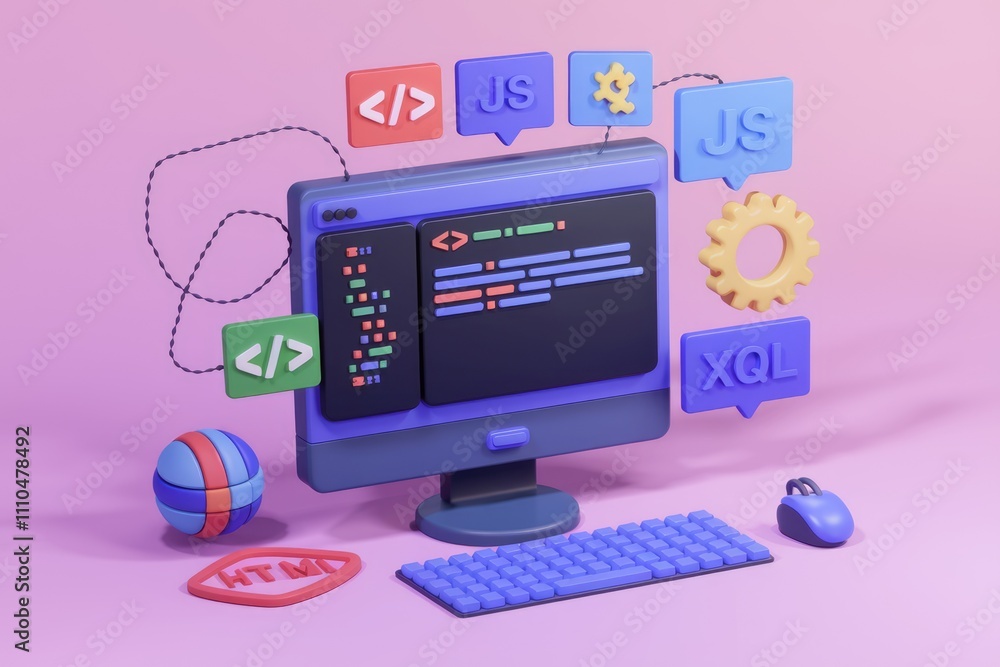 Poster Computer screen with code and programming symbols in 3D.