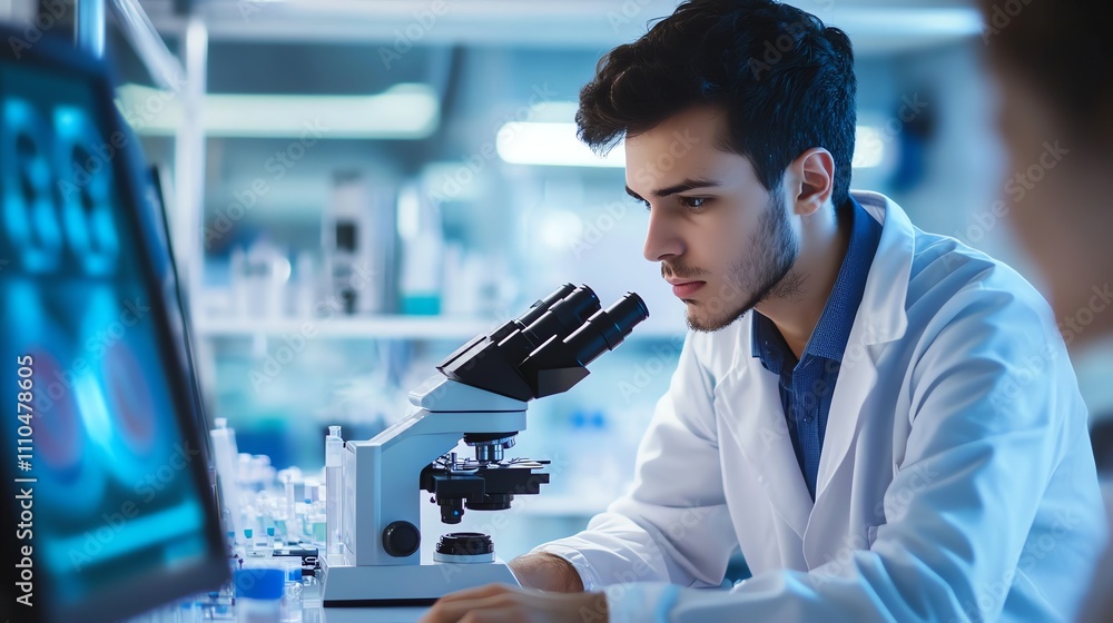 Aufkleber a scientist is using a microscope in a lab.