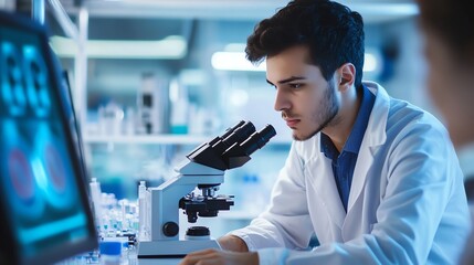 A scientist is using a microscope in a lab.