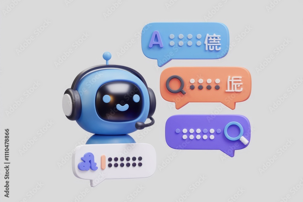 Aufkleber A friendly blue robot with headphones provides AI powered customer service and answers questions.