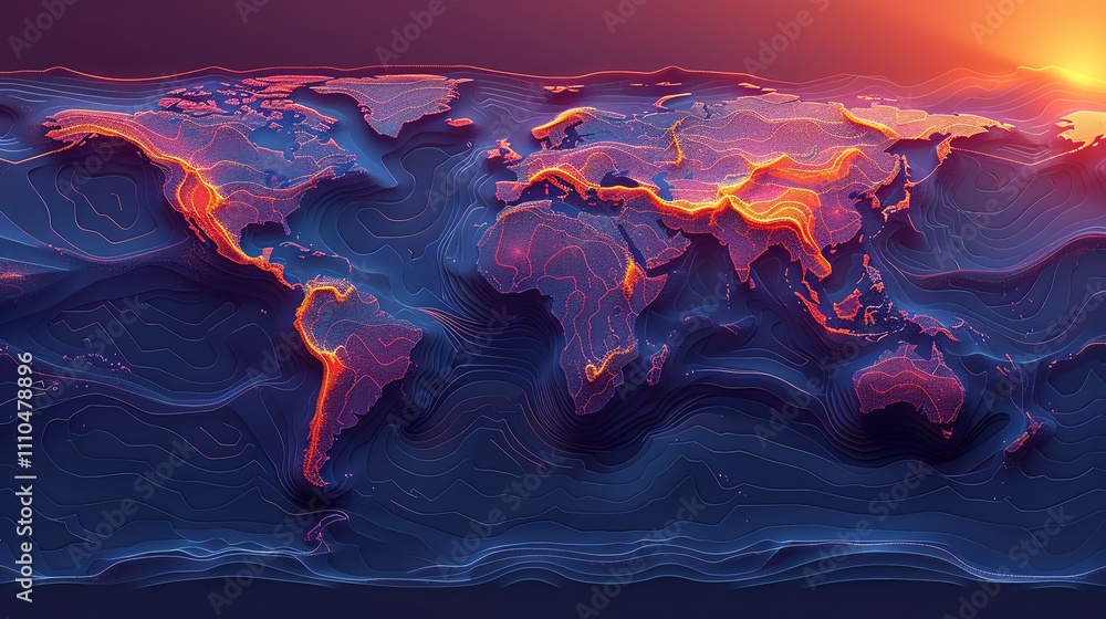 Poster 3d stylized world map with topographic lines and warm color gradient.