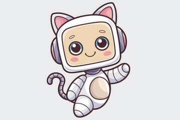 Fototapeta premium Adorable robotic cat astronaut with big eyes and a cute smile waving happily.