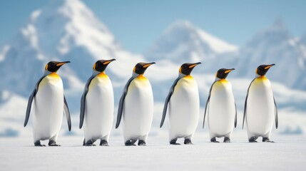 Fototapeta premium A group of penguins standing in a line on a snowy mountain