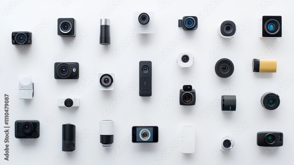 Poster collection of various web cameras neatly arranged on white background