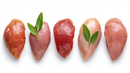 A photostock of fresh chicken fillets neatly arranged on a white background, ideal for cooking or food preparation themes. High Quality