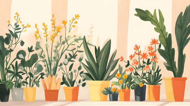 Potted plant on a neutral background, illustration of exoctic and tropical houseplants with big leafs, decorative foliage wallpaper