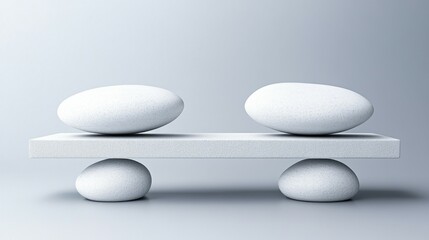 A white bench with three white rocks on it