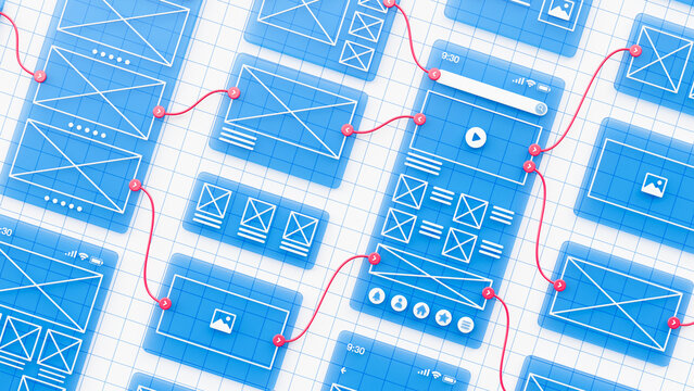UX UI flowchart connection node graphic designer creative planning application process development data prototype wireframe for web mobile icon phone . User experience concept. 3d rendering.