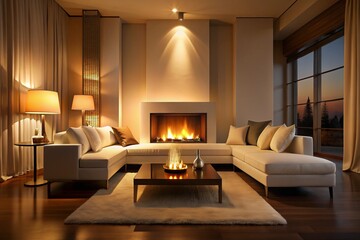 Elegant Silhouette of a Cozy Living Room with a White Couch and a Warm Fireplace Surrounded by Soft Lighting and Stylish Decor for Home Interior Inspiration