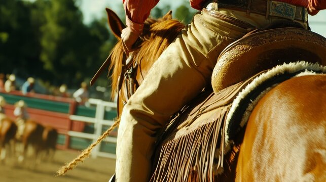 Close-up view of a cowboy riding a horse at the 'Rodeio Crioulo' rodeo event in southern Brazil, showcasing traditional cowboy culture and rodeo action