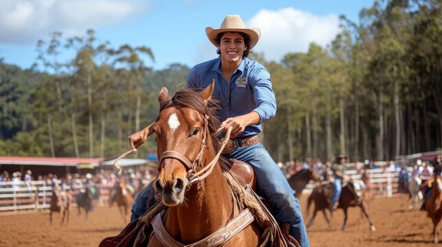 Close-up view of a cowboy riding a horse at the 'Rodeio Crioulo' rodeo event in southern Brazil, showcasing traditional cowboy culture and rodeo action