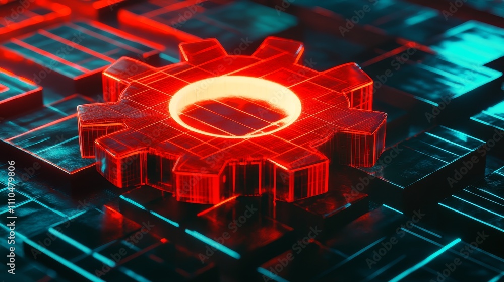 Poster 3d gear icon on digital grid background symbolizing technology, innovation, digital solutions. repre