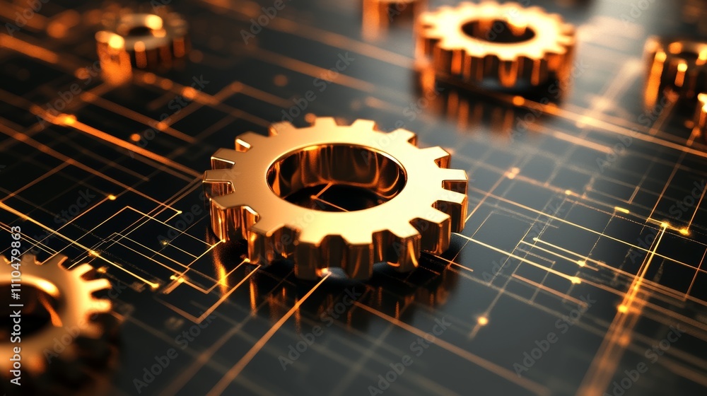 Poster 3d gear icon on digital grid background symbolizing technology, innovation, digital solutions. repre