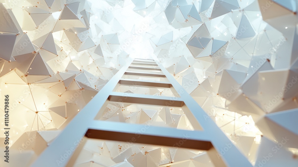 Poster ladder, featuring a dynamic arrangement of ladders that twist and turn in unexpected directions, sym