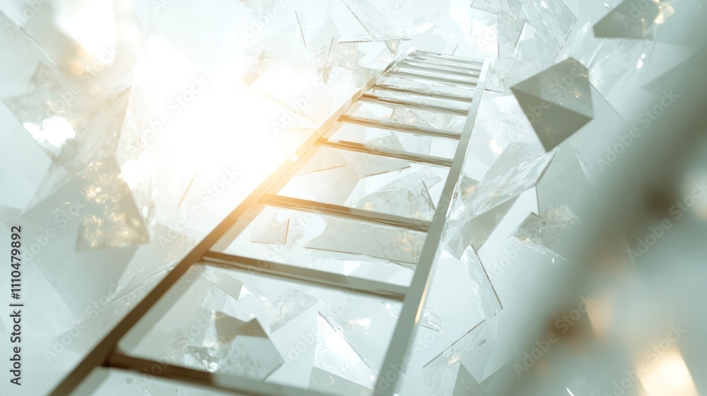 Poster ladder, featuring a dynamic arrangement of ladders that twist and turn in unexpected directions, sym