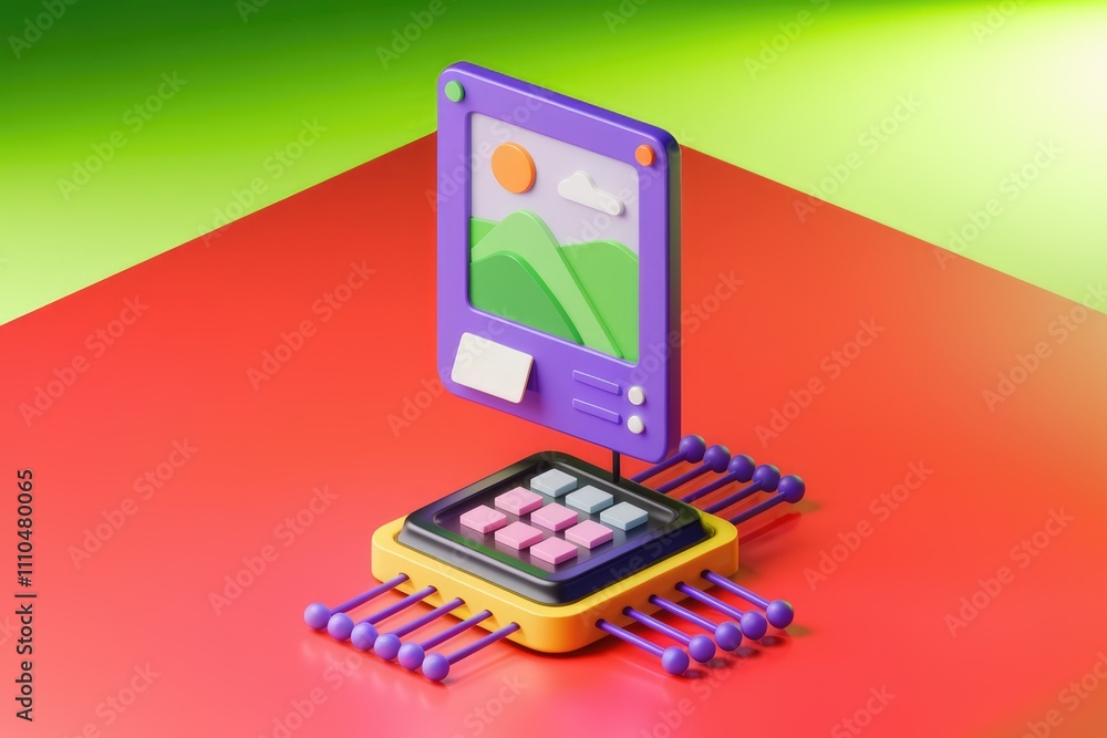 Poster 3D computer chip illustration symbolizing digital image processing technology.
