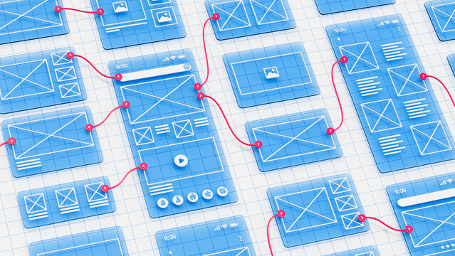 UX UI flowchart connection node graphic designer creative planning application process development data prototype wireframe for web mobile icon phone . User experience concept. 3d rendering.