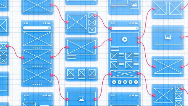 UX UI flowchart connection node graphic designer creative planning application process development data prototype wireframe for web mobile icon phone . User experience concept. 3d rendering.