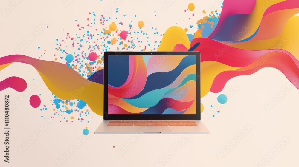 Aufkleber creative abstract display on laptop screen with colorful waves and splashes for vibrant design inspi
