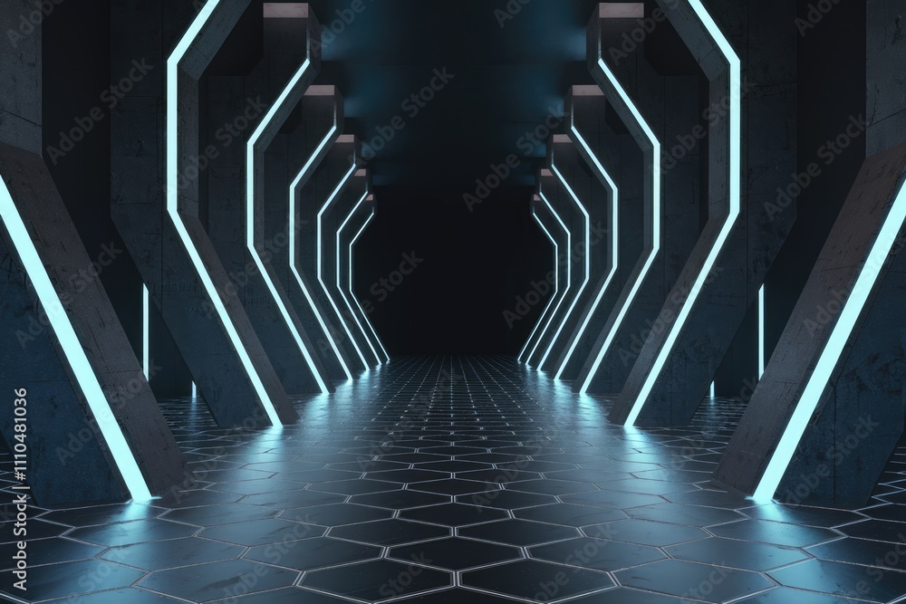 Poster sleek futuristic corridor with hexagonal floor and neon lights.