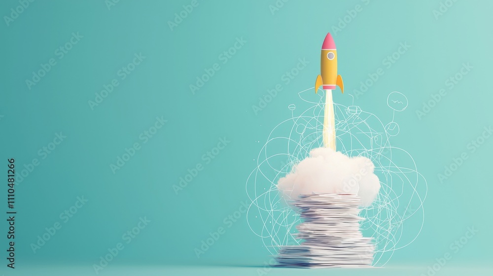 Poster colorful rocket launching into the air above a stack of papers with abstract elements and cloud back