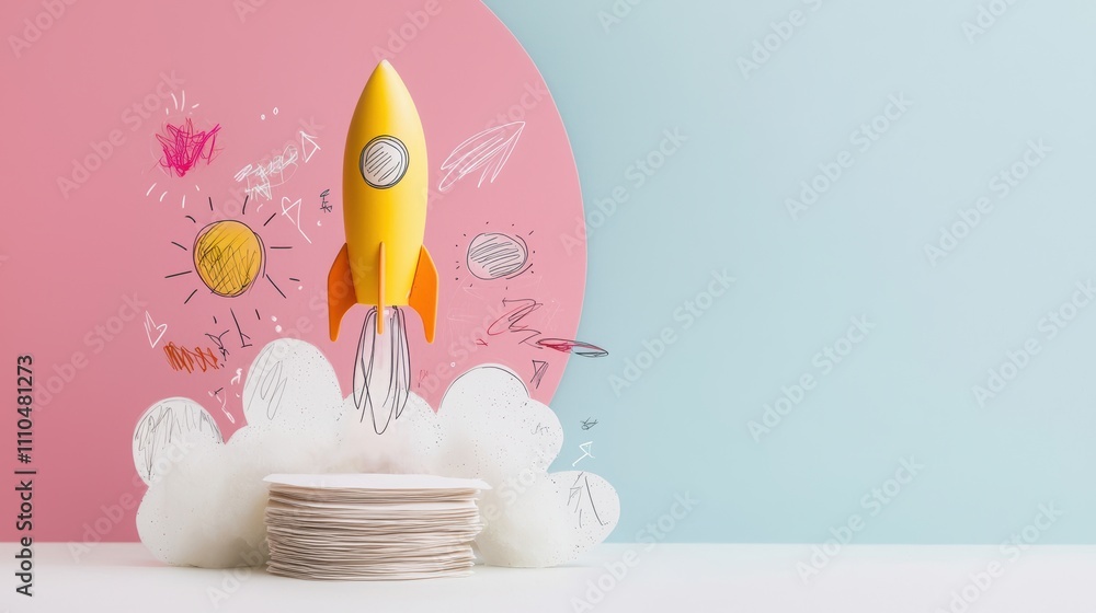 Poster abstract illustration of a yellow rocket launching with decorative clouds and hand-drawn graphics on