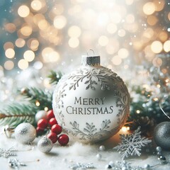 Silver Christmas Ornament - Decorated Christmas Bauble Background with Merry Christmas Text Christmas Ornament with Christmas Tree - Holiday Diffused Bokeh Wallpaper - Snow, Mistletoe and Presents