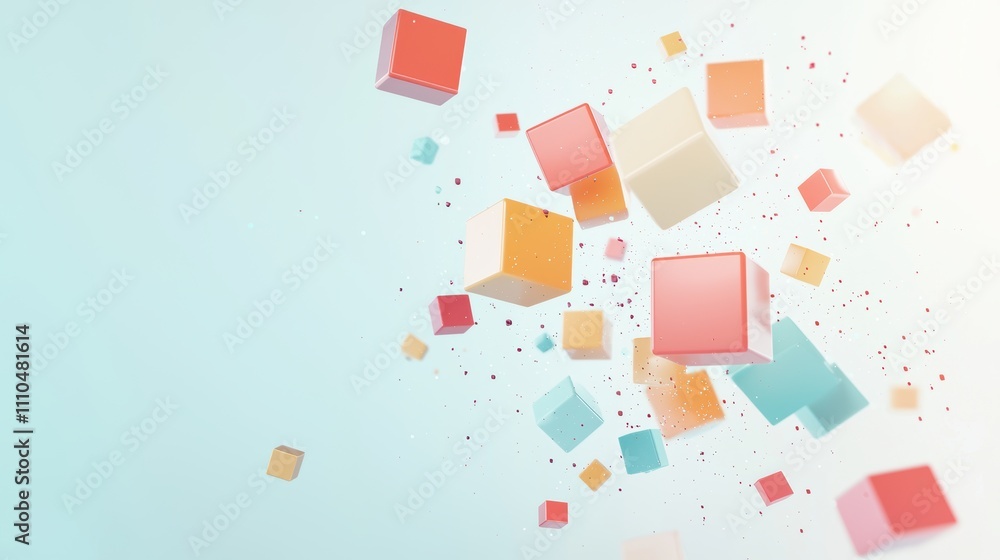 Poster colorful 3d floating cubes and graphs in abstract space for dynamic visual representations