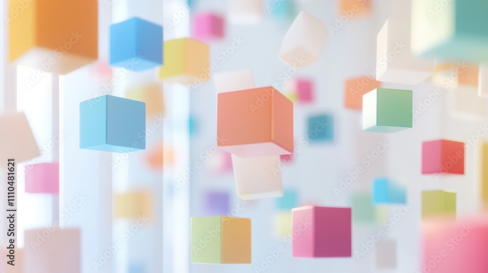 Poster abstract representation of floating 3d cubes with pastel colors illustrating data visualization and 