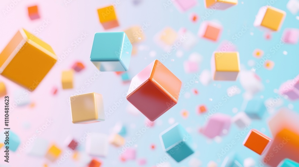 Poster floating 3d cubes in colorful background with abstract graph representation and vibrant visuals
