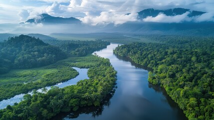 Fototapeta premium Aerial view of a winding river surrounded by lush greenery and mountains under a cloudy sky, showcasing serene natural beauty.