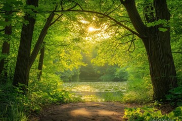 Naklejka premium Sunlit forest path leading to a serene pond.