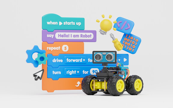Block coding for kids teaching learning creative basics beginners remotely controlled automation robotic car vehicle programming education skill Technology STEM. 3d rendering.