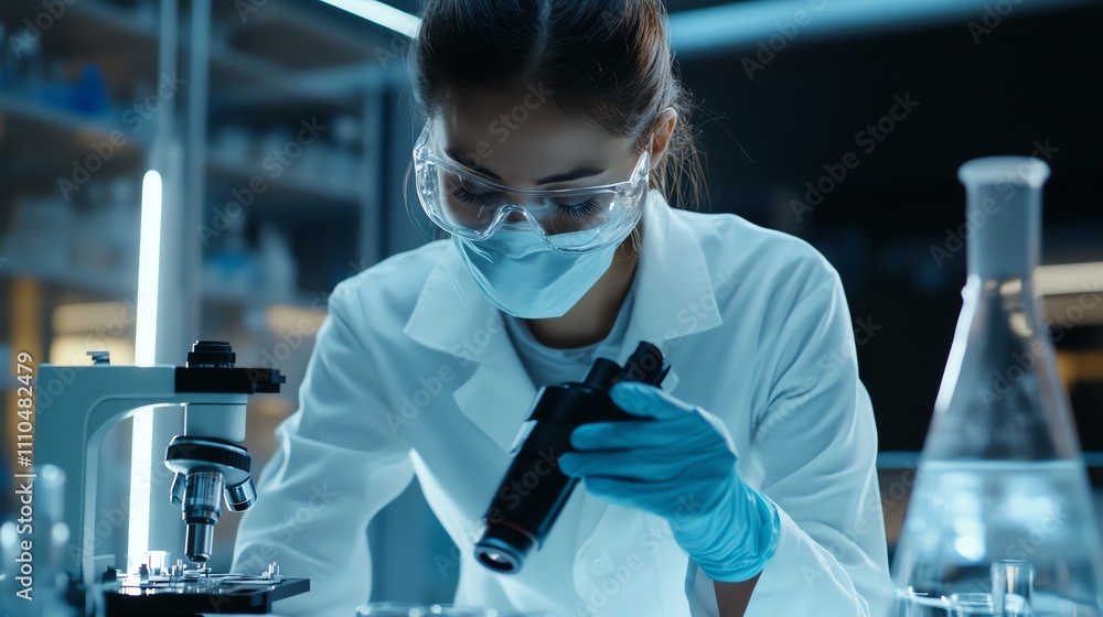 Poster scientist looking through a microscope in a lab.