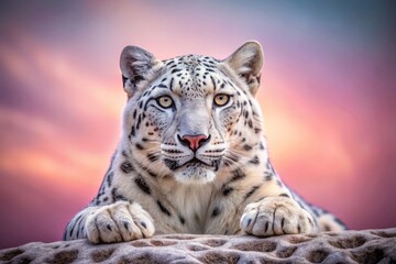Obraz premium Elegant White Leopard Against Soft Pink Background, Capturing the Grace and Beauty of Nature in a Stunning Architectural Photography Style