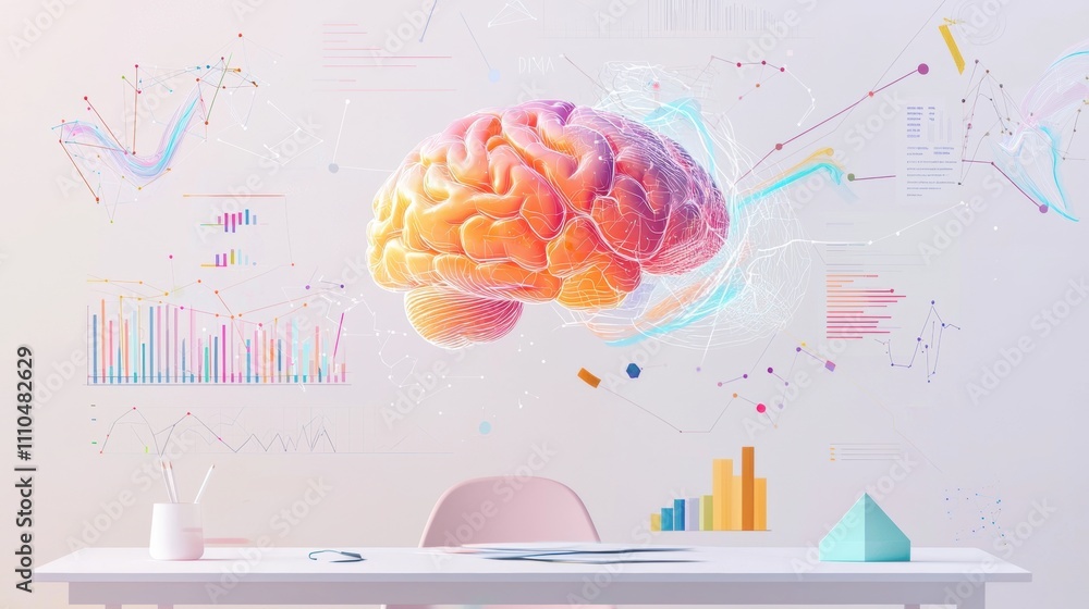 Poster floating holographic brain above modern desk with data visualization and abstract graphs in light co