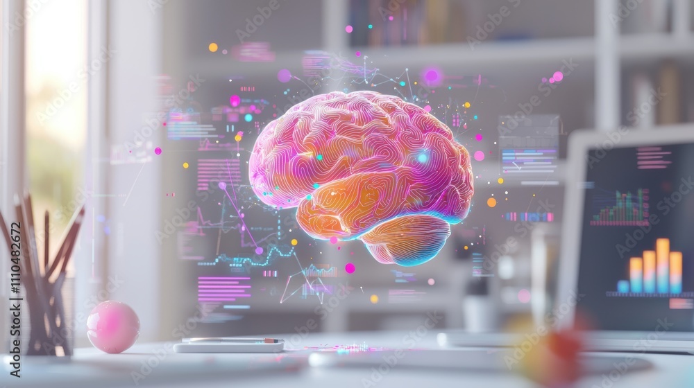 Aufkleber holographic brain visualization floating above a modern desk with digital data