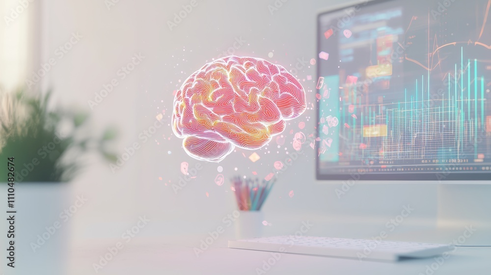Poster holographic brain floating above desk with computer screen and colorful data visualizations