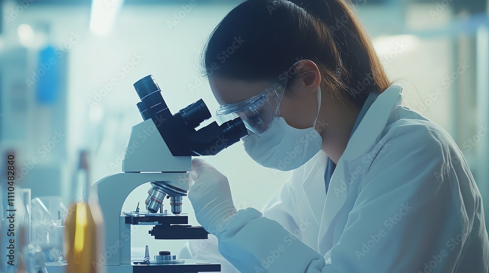Aufkleber a scientist is using a microscope in a lab.