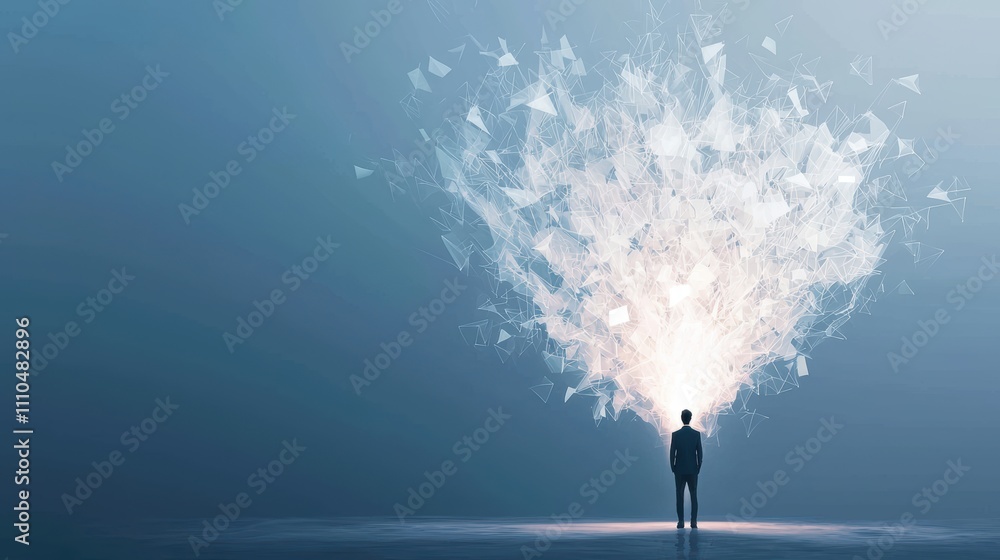 Poster businessman standing in front of a giant abstract light explosion creating innovative ideas and conc