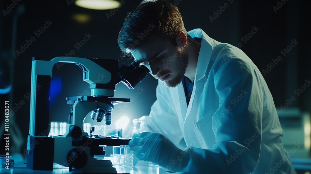 Aufkleber a scientist is using a microscope in a lab.