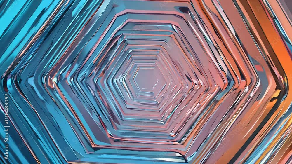 Poster interlocking hexagons and spiraling circular forms with gradient blues transitioning to bright orang