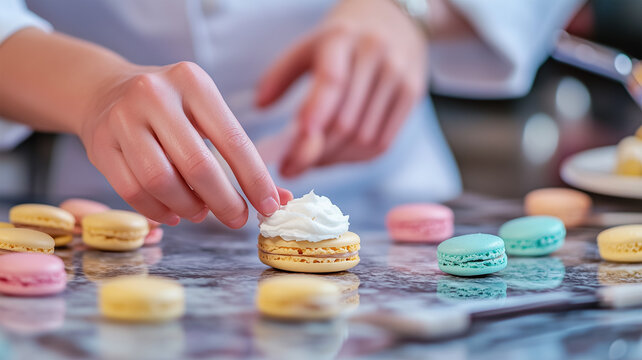 マカロンを丁寧に組み立てるパティシエの手元