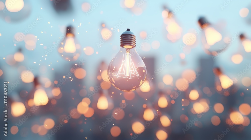 Poster abstract scene featuring floating lightbulbs against a dreamy background with soft bokeh effect