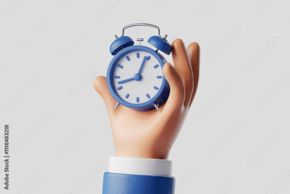 Poster a cartoon hand holds a blue alarm clock symbolizing time management and punctuality.