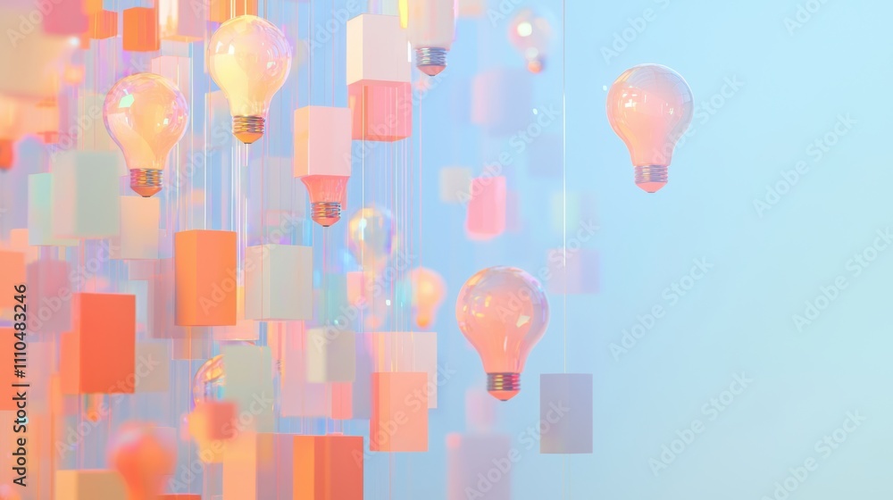 Aufkleber floating lightbulbs above abstract background with colorful designs and soft glow effects
