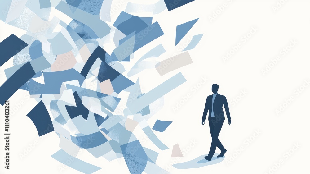 Poster silhouette of a human walking through a colorful abstract maze of shapes and forms